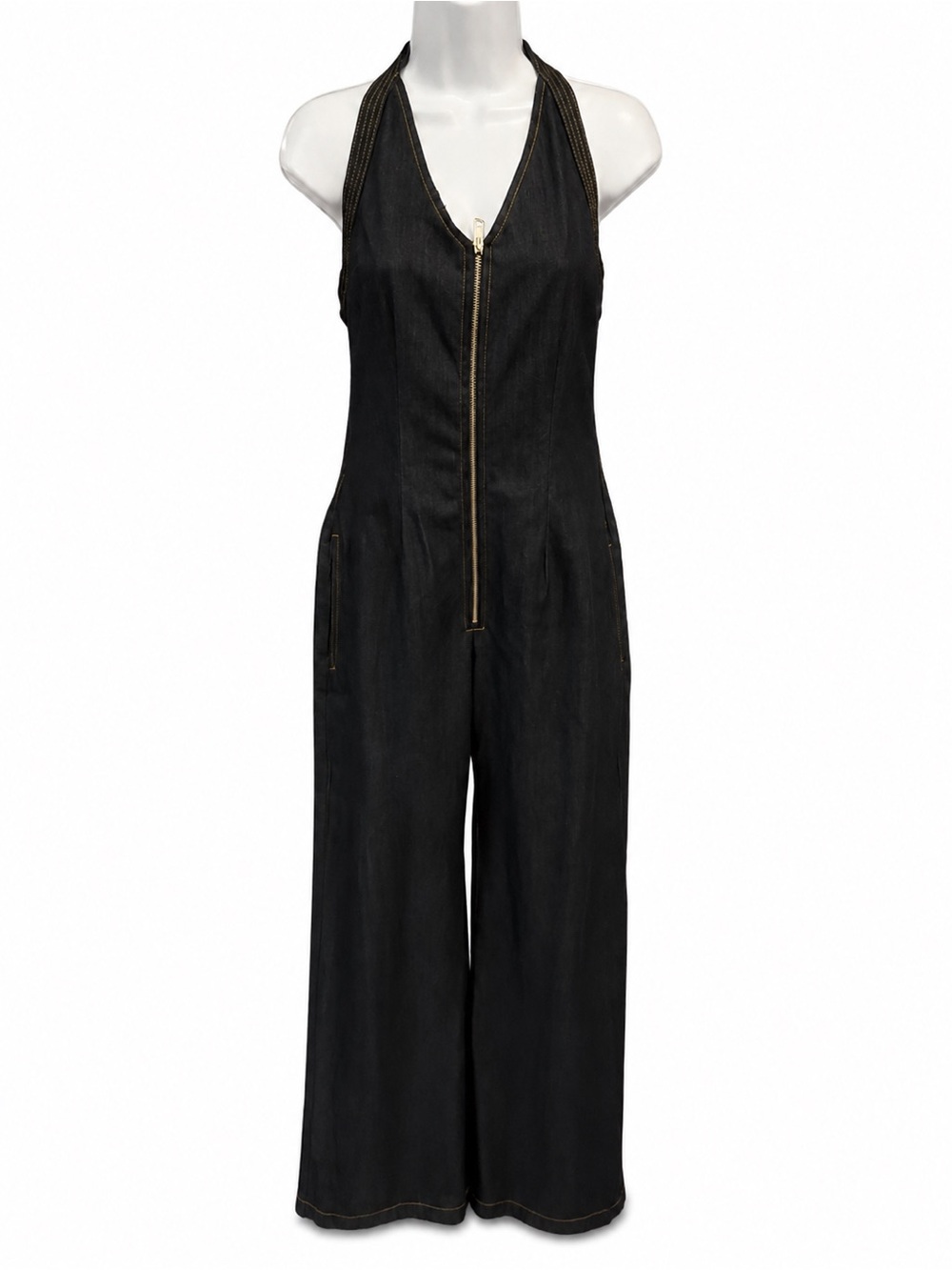Zara Zip-Front Halter Denim Jumpsuit